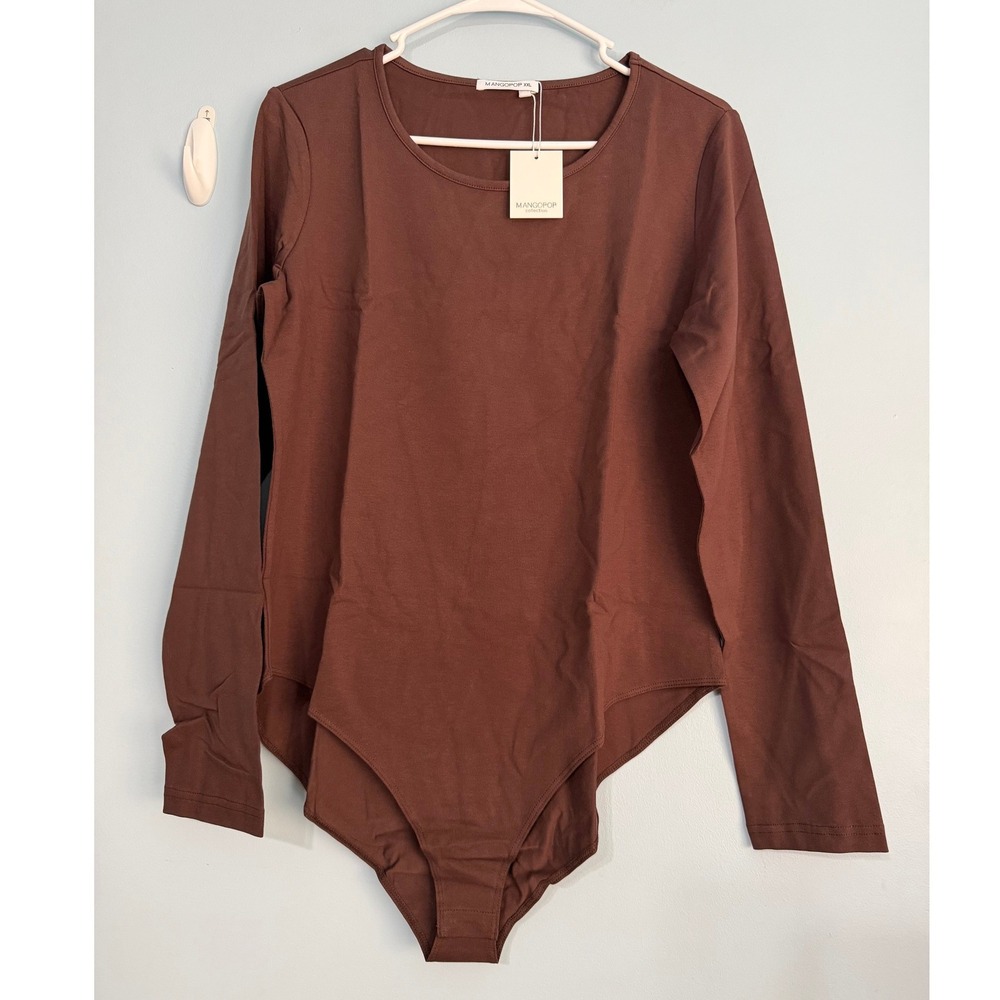 Mangopop Women's XXL Long Sleeve Bodysuit Brown Scoop Neck 1666